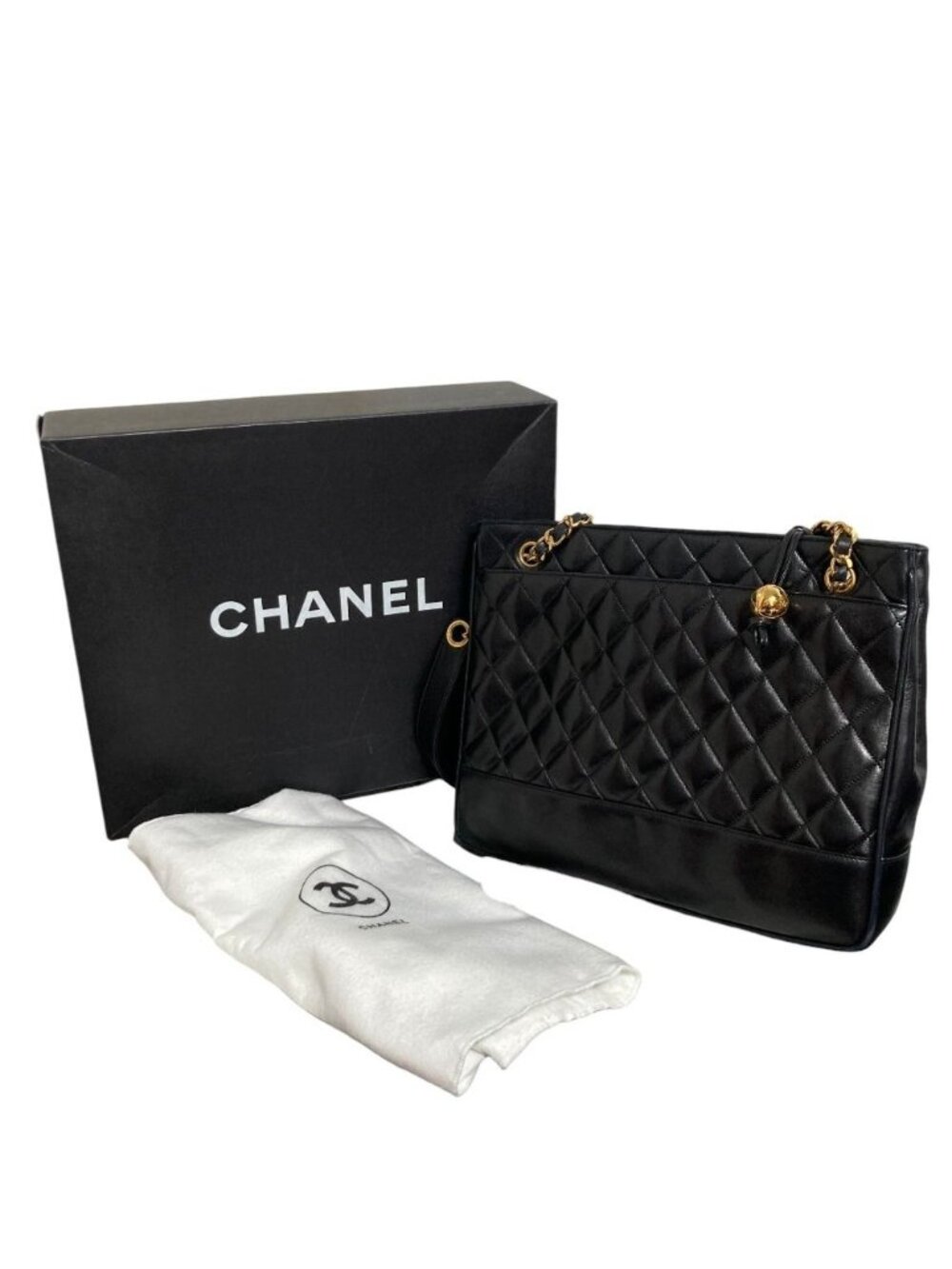 Chanel Quilted Lambskin Chain Shoulder Bag Tote Black